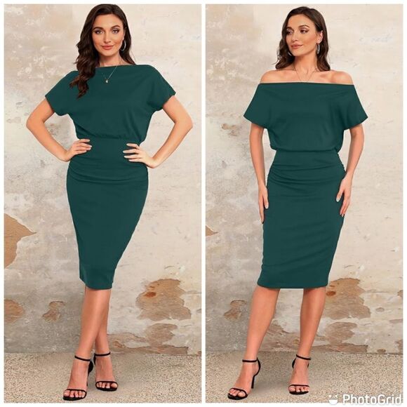 Off The Shoulder Short Sleeve Ribbed Casual Party Bodycon Midi Green Dress - Picture 1 of 15